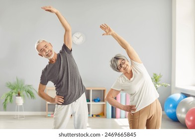 Senior sporty cheerful man and woman doing sport exercises indoors. Happy elderly people in sportswear having workout for health in gym. Training and fitness in retirement concept. - Powered by Shutterstock