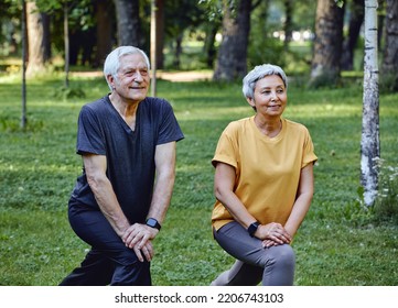 
Senior Spouses Doing Sportive Exercises Outdoor In Summer Park In The Morning. Hoary Healthy Older Couple Warming-up, Doing Squats Smile Enjoy Active Lifestyle Outside