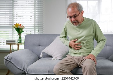 Senior Stomach Pain, Pain In The Stomach, Elderly With Stomach Ache. Elderly Upset Stomach, Senior Constipation Hand Touch Abdomen. Senior Man Feeling Suffer From Terrible Stomachache. Unhealthy