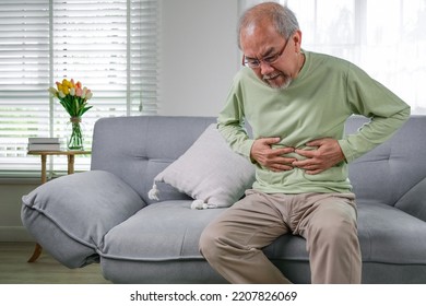 Senior Stomach Pain, Pain In The Stomach, Elderly With Stomach Ache. Elderly Upset Stomach, Senior Constipation Hand Touch Abdomen. Senior Man Feeling Suffer From Terrible Stomachache. Unhealthy