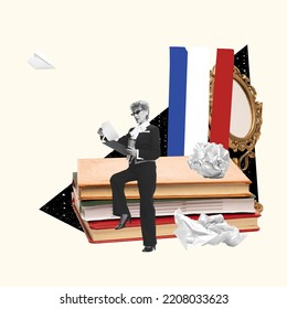 Senior Teacher Preparing For French Language Class. Conceptual Creative Art Collage. Minimalism. Concept Of Learning Foreign Language. Distance Education, Remote School, Studying. Global Communication