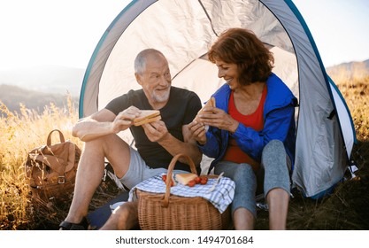 Senior tourist couple sitting in nature at sunset, eating sandwiches. - Powered by Shutterstock