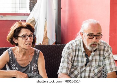 Senior Turkish Couple Having A Deep Conversation At The Cafe In Eskisehir.