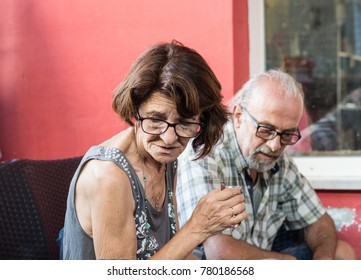 Senior Turkish Couple Having A Deep Conversation At The Cafe In Eskisehir.