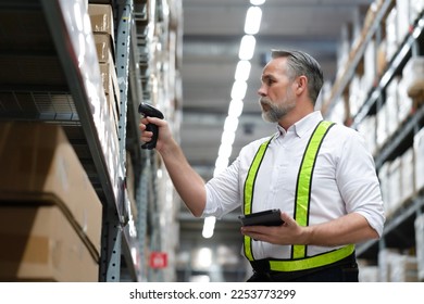 Senior warehouse manager scan boxes by using scanner to count inventory balance in online system, holding tablet in hand for checking real time update. Logistic, warehouse, inventory concept.  - Powered by Shutterstock