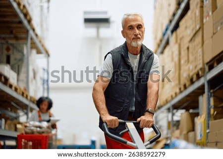 Senior warehouse worker using pallet jack distributing packages in storage compartment