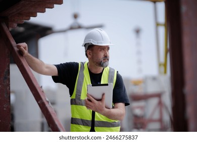 Senior White engineer holding tablet looking away with serious emotion at work site. Portrait og engineer wearing white hard hat at manufactuing. - Powered by Shutterstock