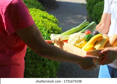 Senior Woman Accepting A Crate Of Produce From Delivery Man At Home. Farm Share Produce Being Delivered. Local Produce Being Delivered.