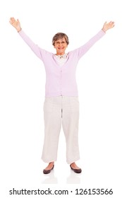 Senior Woman Arms Up Isolated On White Background