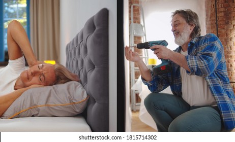 Senior Woman Cannot Sleep In Early Morning Because Of Noisy Neighbor Doing Renovation And Drilling Wall. View Of Two Apartment Separated By Wall. Mature Lady In Bed Having Headache Because Of Neighbor