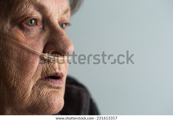 Senior woman with Chronic obstructive pulmonary\
disease with supplemental\
oxygen