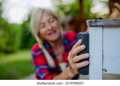 Senior Woman Cleaning And Renovating Garden Furniture And Getting The Garden Ready For Summer