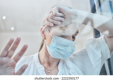 Senior Woman, Covid Face Mask Or Depression In House Quarantine Or Home Lockdown Safety. Covid 19, Window Or Sick Retirement Elderly With Stress, Anxiety Or Mental Health In Government Law Compliance