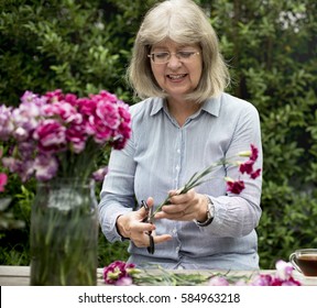 Senior Woman Cutting Flowers In Garden