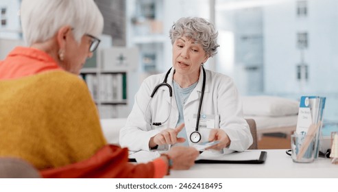 Senior woman, doctor and consulting patient with pamphlet for information, quotation or service at hospital. Mature medical professional talking and explaining healthcare advice or life insurance
