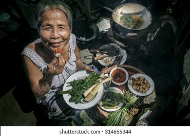 Senior Woman Eating In The Kitchen, Lifestyle Of Asian Old Women Concept