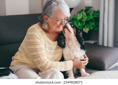 Senior woman exchange cuddles with her cavalier king Charles dog sitting together on home sofa. Pet therapy and best friend concept - Powered by Shutterstock