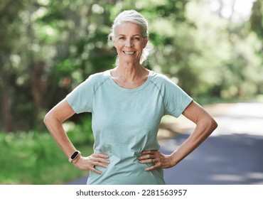 Senior woman, exercise and outdoor for a run, workout and training on road with trees for fitness. Elderly female person happy about cardio for health and wellness while walking or running in summer - Powered by Shutterstock