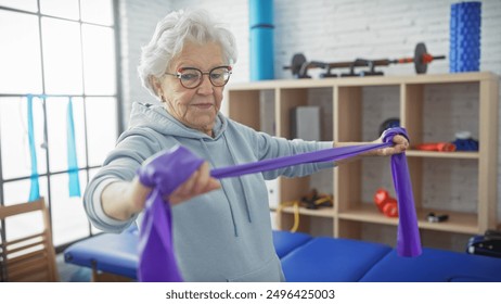 Senior woman exercising with resistance band in a bright physiotherapy clinic - Powered by Shutterstock