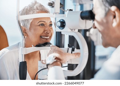 Senior woman, eye exam and optometrist with medical eyes test at doctor consultation. Vision, healthcare focus and old female patient with consulting wellness expert for lens and glasses check - Powered by Shutterstock