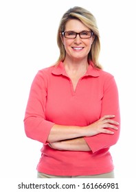Senior Woman With Eyeglasses Isolated White Background