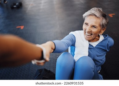 Senior woman, fitness and personal trainer with support and happy workout, exercise and muscle health on gym floor. Helping hand, coaching and elderly person with training sports for retirement care - Powered by Shutterstock