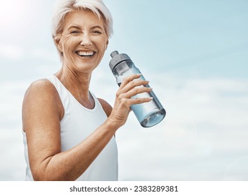 Senior woman, fitness and water bottle with smile for hydration or thirst after workout, exercise or training in nature. Portrait of happy elderly female smiling for natural refreshment on mockup - Powered by Shutterstock