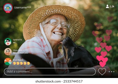 Senior woman with glasses and straw hat smiling with a dog live stream online. Happy senior woman enjoying nature. Joyful woman and dog streaming online moment outdoors and get positive emojis. - Powered by Shutterstock