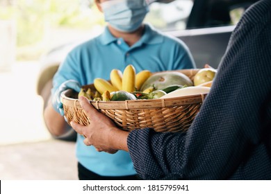 Senior Woman Hand Receiving Fresh Fruits And Vegetables In Bamboo Basket From Delivery Person Wearing Protective Gloves And Face Mask. Food Delivery In COVID-19 Pandemic And Senior People Social Care.