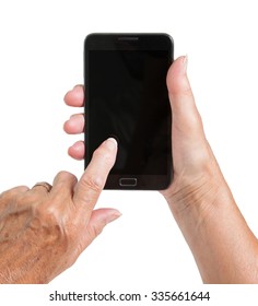 Senior Woman Hand With Smart Phone Isolated On White Background