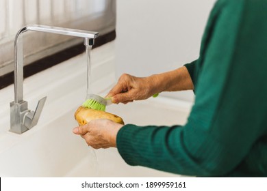 Senior woman hand washing dirt off homegrown potatoes with a brush - Powered by Shutterstock