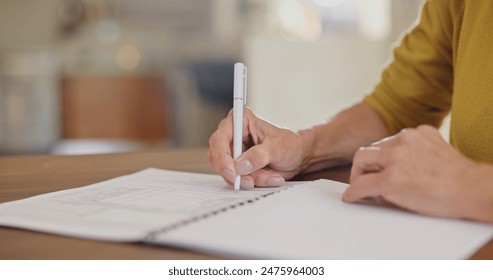 Senior woman, hands and writing on paperwork, form or application for retirement plan or insurance at home. Closeup of elderly female person signing documents, document or agreement on table at house - Powered by Shutterstock