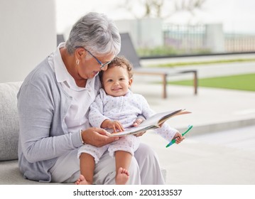 Senior woman, happy baby and children book reading of a grandmother spending quality time together. Elderly retirement of a old female about to read a fun kids story to a kid on a home patio - Powered by Shutterstock