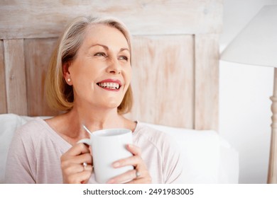 Senior woman, happy and drinking tea in bedroom for relax or comfort on weekend with break, rest and reflection. Elderly, female person and remembering in thinking, morning routine and memory in home - Powered by Shutterstock