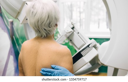 Senior woman having a mammography scan at hospital