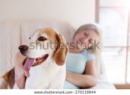 Senior woman with her dog inside of her house.