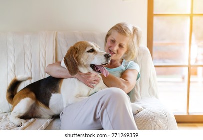 Senior Woman With Her Dog On A Couch Inside Of Her House.