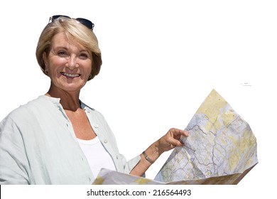 Senior Woman Holding Map, Cut Out