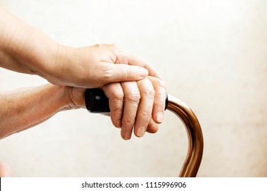 Senior Woman Holding Quad Cane Handle In Elderly Care Fecility. Hospital Nurse Comforting Mature Female In Nursing Home, Sitting With Walking Stick. Background, Close Up On Hands W/ Wrinkled Skin.