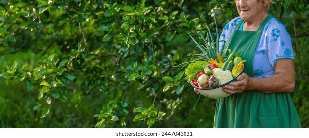 Senior woman holding vegetables in the garden. - Powered by Shutterstock