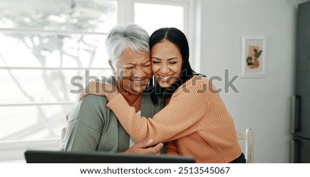 Senior woman, hug and laptop with support in home with tech learning and helping with internet banking. Family love, mom and embrace with smile, happy and care with planning and digital assistance