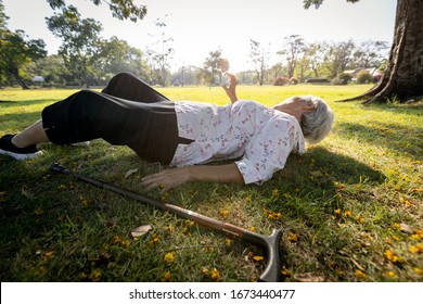 Senior Woman Was Lying On The Ground Because Slipped Down And Fell,walking Alone At Park,elderly Is Trying To Raise Their Hand And Ask For Help,old People Fell To The Floor During Exercise,health Care