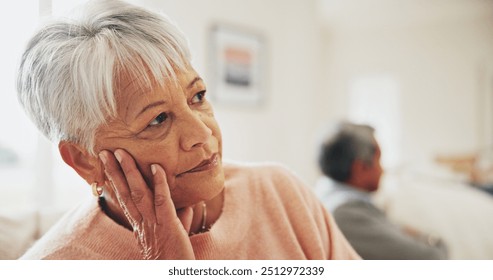 Senior woman, man and ignore on sofa with divorce, stress and frustrated with thinking in home. Couple, retirement and depression with conflict, fight and annoyed with reflection in living room - Powered by Shutterstock