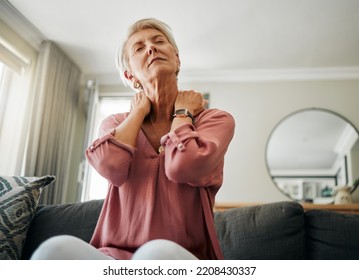 Senior woman, neck pain and stress in living room home of spine injury, fibromyalgia and osteoporosis. Sick, tired and fatigue lady in orthopedic, arthritis and health problem stretching body muscle - Powered by Shutterstock