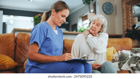 Senior woman, nurse and writing with consultation for elderly care, pain or injury at old age home. Female person or caregiver taking notes with mature patient for healthcare or retirement at house - Powered by Shutterstock