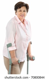 Senior Woman On Crutches Smiling