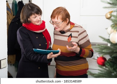 Senior woman participating in social inquiry from female interviewer on Christmas eve