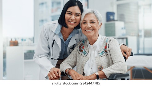 Senior woman, patient and doctor with smile, face or kindness at consultation with hug for healthcare advice. Happy medic, elderly lady and respect in office for trust, health and portrait at clinic - Powered by Shutterstock