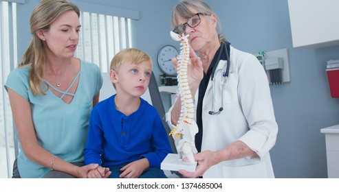 Senior Woman Pediatrician With Spine Model Talking To Little Boy Patient And His Mother. Child Looking At Plastic Spinal Model With His Doctor