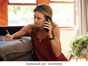 Senior Woman, Phone Call And Writing In Home On Book, Planning Or Talking And Taking Notes. Business, Elderly Woman And 5g Mobile Finance Conversation, Speaking Or Discussion With Notebook In House.